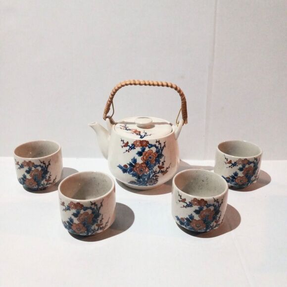 Vintage Ceramic Armbee Teapot Set-Cherry Blossom-Sakura-Bamboo Handle-5 PC - Picture 1 of 16